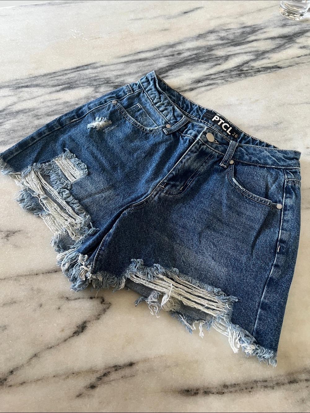 PTCL Vintage High Waist Dark Blue Distressed Denim Jean Shorts